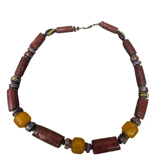 Vintage Ethnic Red Coral & Bakelite Cane Glass Trade Beads Beaded Necklace 27" - Picture 3 of 10